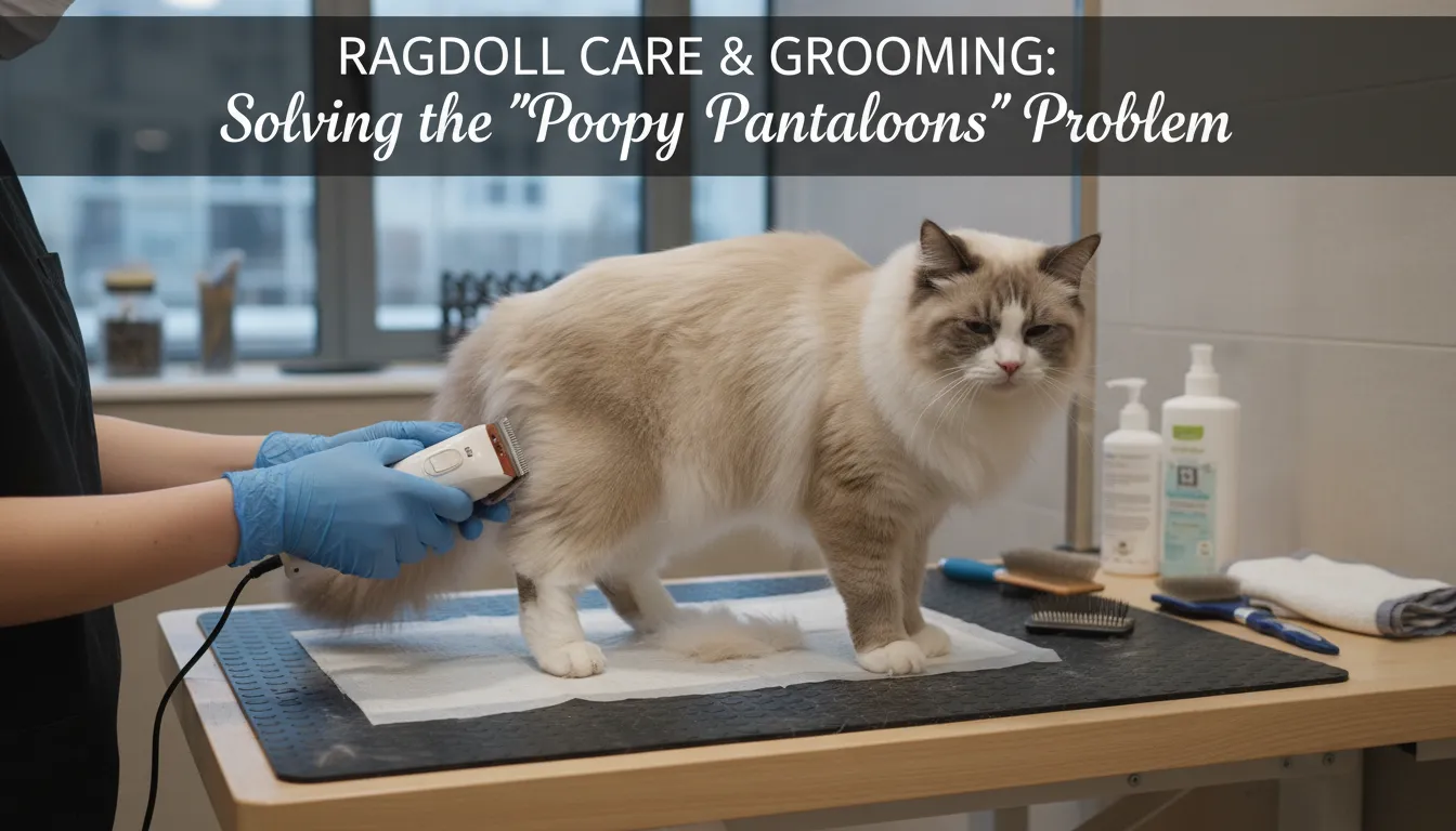 Ragdoll cat with a fluffy coat and blue eyes, representing grooming challenges like 'Poopy Pantaloons' and the care needed to keep them clean and healthy.