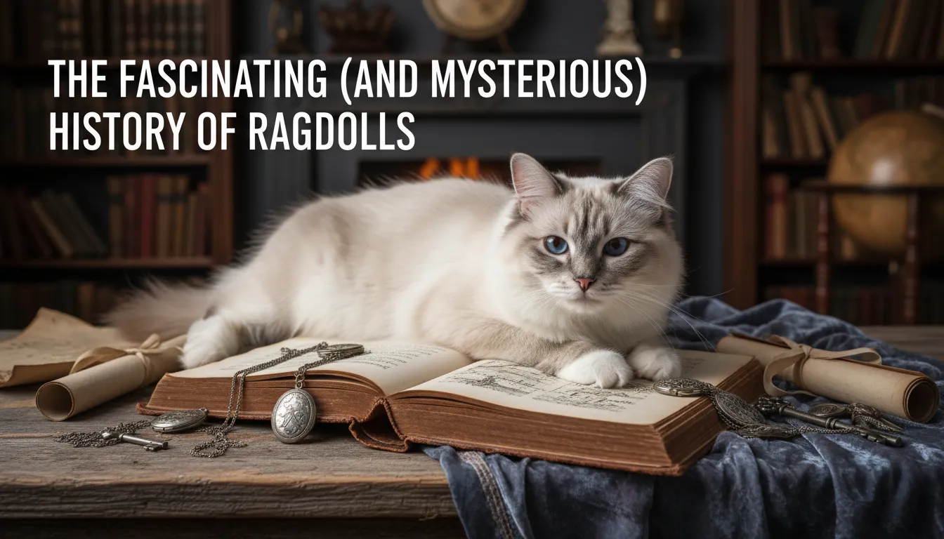 Ragdoll cat sitting gracefully, with blue eyes and silky coat, representing the mysterious and fascinating history of the Ragdoll breed.