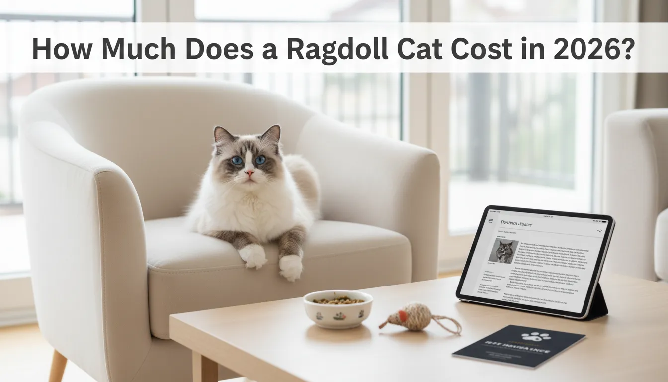 Ragdoll cat with price tags showing 2026 cost range and factors influencing the price.