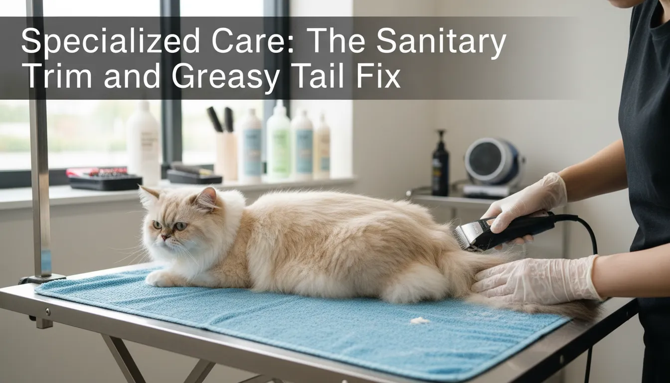 Ragdoll Cat Grooming specialized care showing a professional sanitary trim and the application of degreasing powder for greasy tail fix.