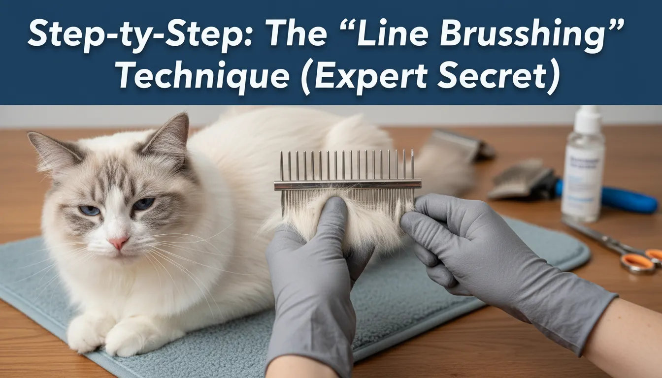 Ragdoll Cat Grooming demonstration of the professional line brushing technique to remove deep undercoat mats.