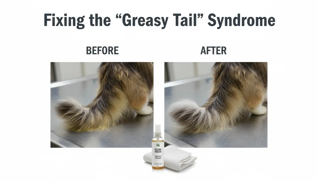Ragdoll Cat Grooming treatment for greasy tail syndrome using professional degreasing powders and specialized cleansers.