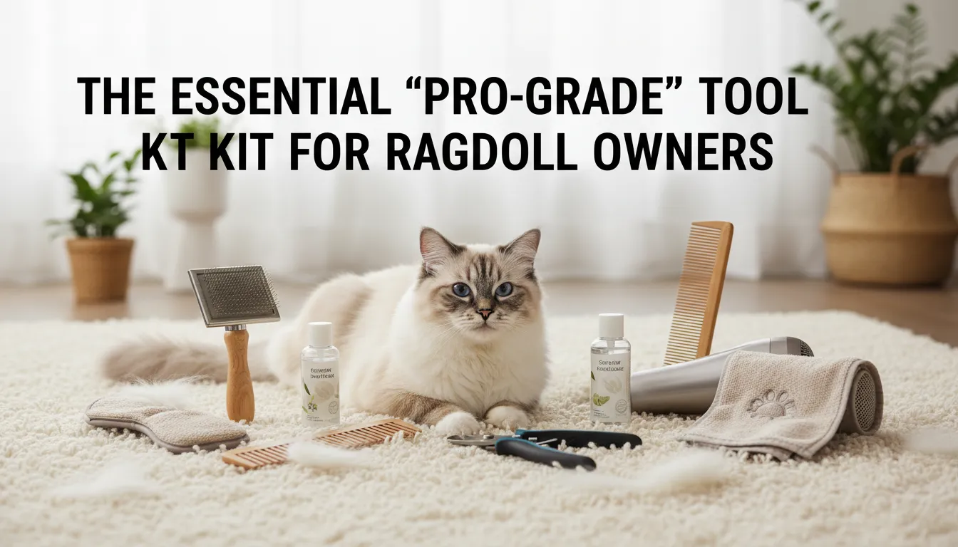 Ragdoll Cat Grooming tool kit featuring professional-grade slicker brushes, steel combs, and detangling sprays.