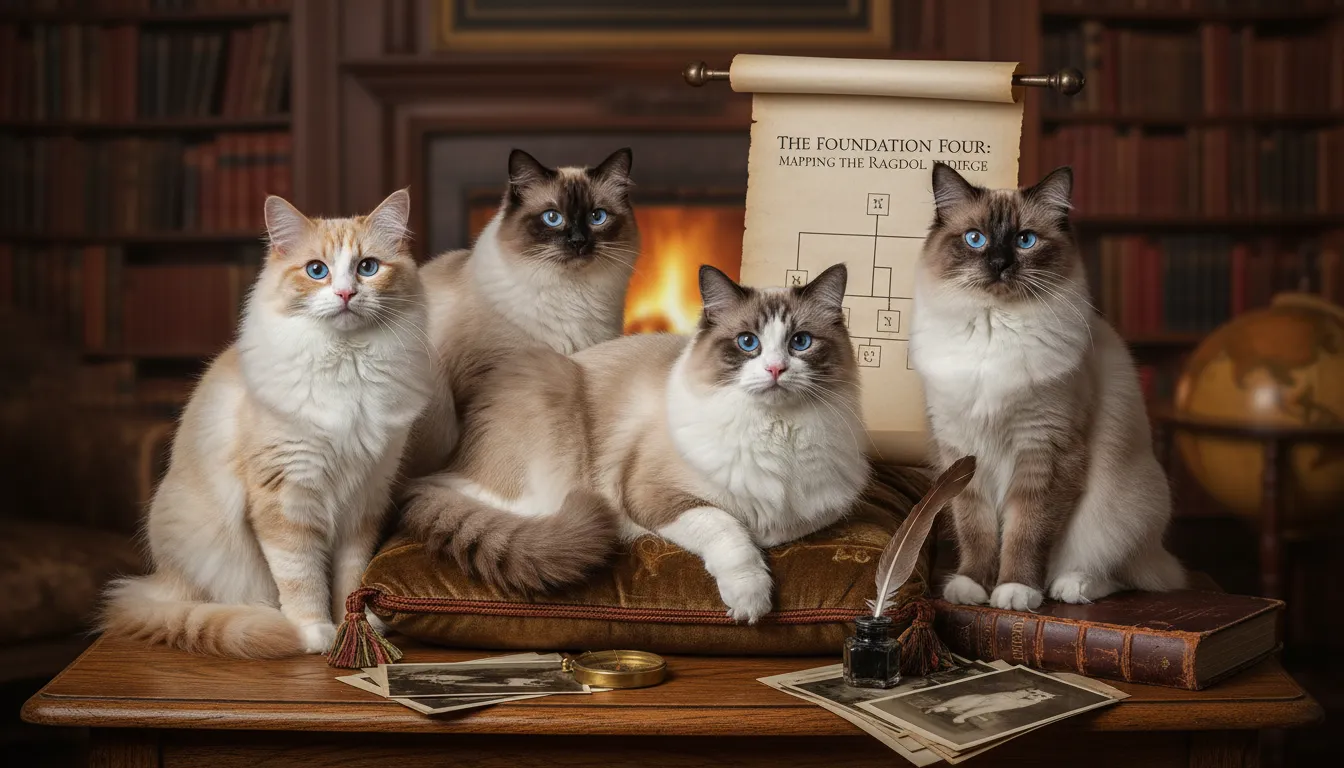 Mapping the Ragdoll pedigree, highlighting the 'Foundation Four' cats that shaped the breed's development.
