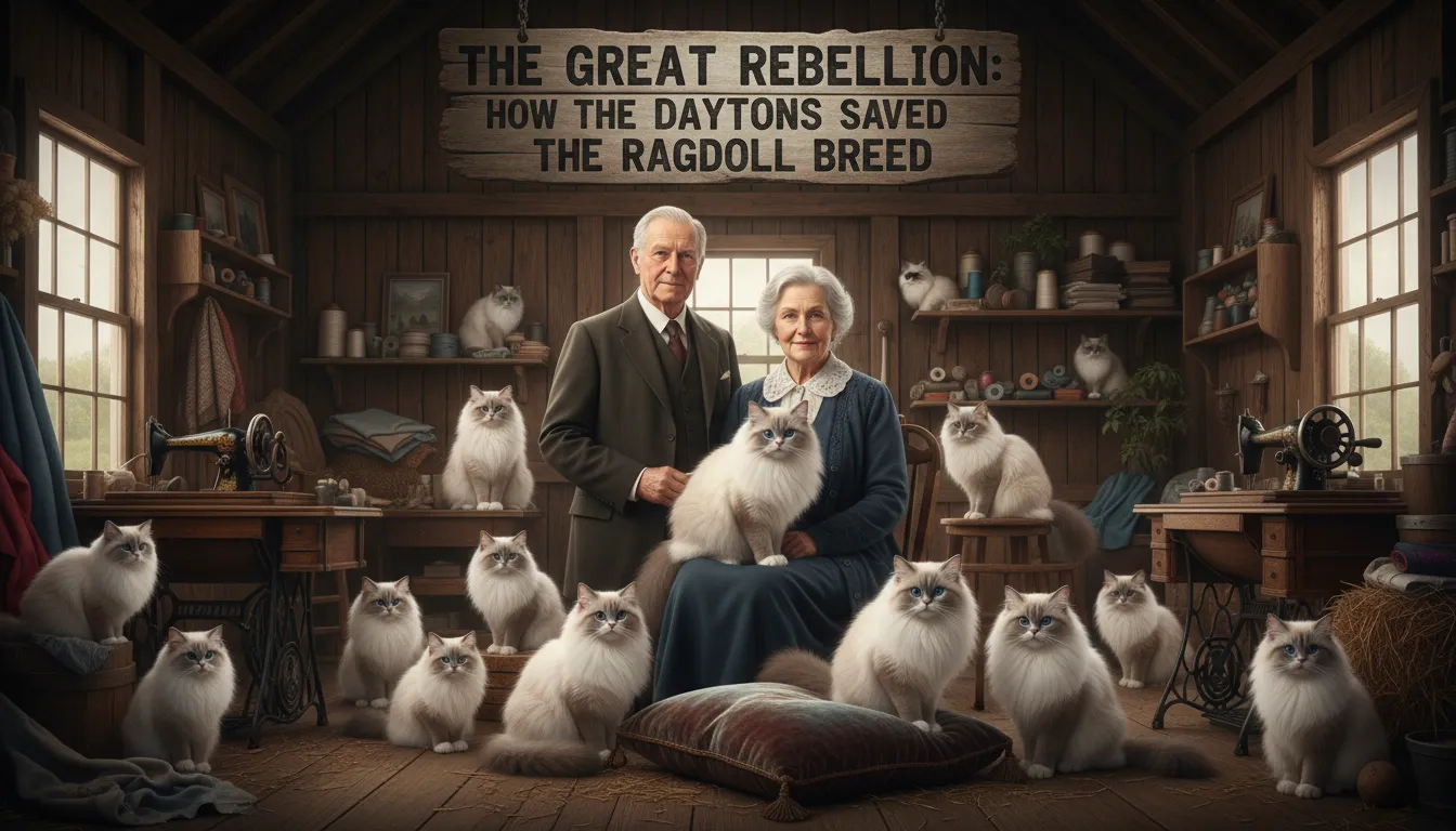 Ragdoll cats in the early breeding days, showcasing the Daytons' efforts to save the breed from extinction during 'The Great Rebellion.