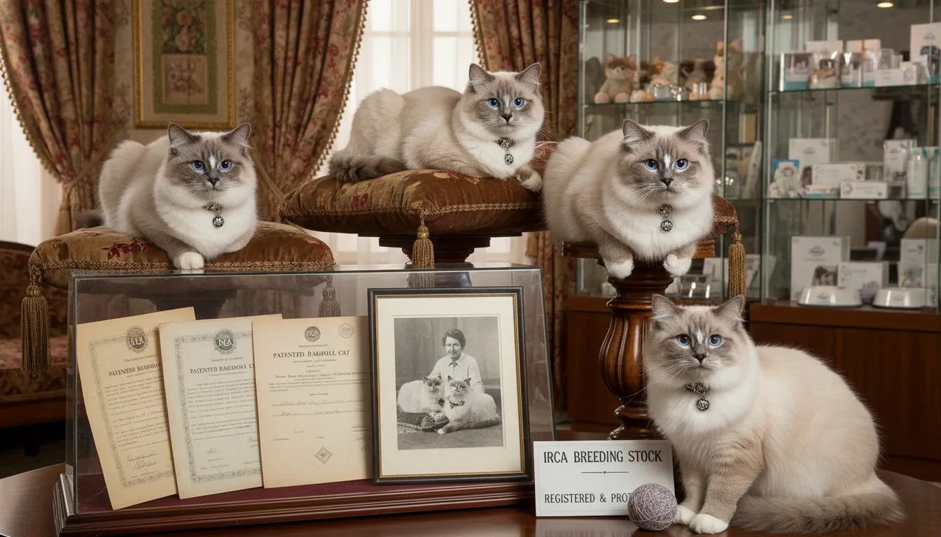 IRCA era logo and timeline showcasing the Ragdoll breed as a patented business and its rise in popularity.