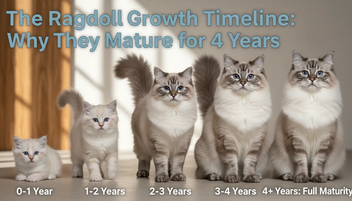 Ragdoll cat growth timeline showing the stages of maturation over four years.
