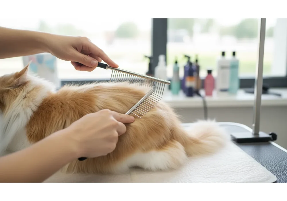 A professional long-haired cat grooming session showing the correct technique for using a steel comb to prevent matting and tangles in thick fur.