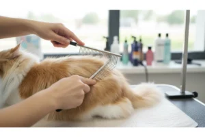 A professional long-haired cat grooming session showing the correct technique for using a steel comb to prevent matting and tangles in thick fur.