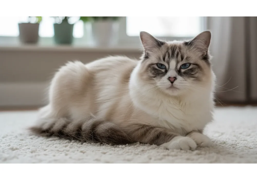 A high-quality photo showcasing Ragdoll Cat Colors on a relaxed, docile cat lounging on a sofa.