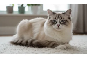 A high-quality photo showcasing Ragdoll Cat Colors on a relaxed, docile cat lounging on a sofa.