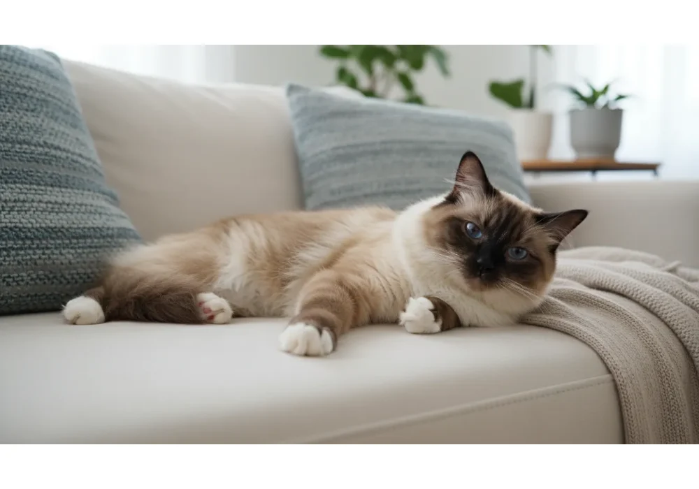 A high-quality photo showcasing Ragdoll Cat Colors on a relaxed, docile cat lounging on a sofa.