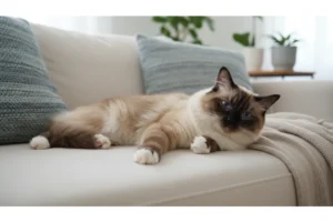 A high-quality photo showcasing Ragdoll Cat Colors on a relaxed, docile cat lounging on a sofa.