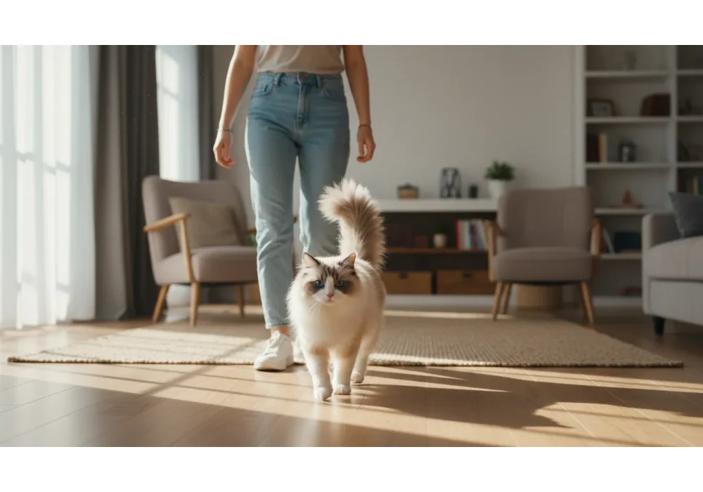 Ragdoll-cat-personality: A fluffy bicolor Ragdoll cat following its owner like a puppy-cat.