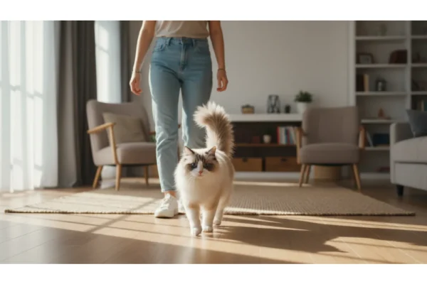 Ragdoll-cat-personality: A fluffy bicolor Ragdoll cat following its owner like a puppy-cat.