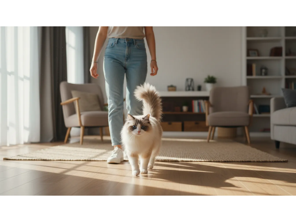 Ragdoll-cat-personality: A fluffy bicolor Ragdoll cat following its owner like a puppy-cat.